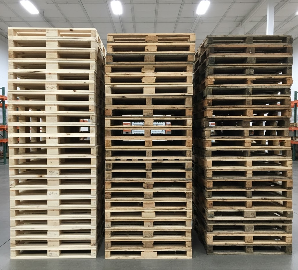 Stacks of pallets in different grades at Austin Pallets warehouse