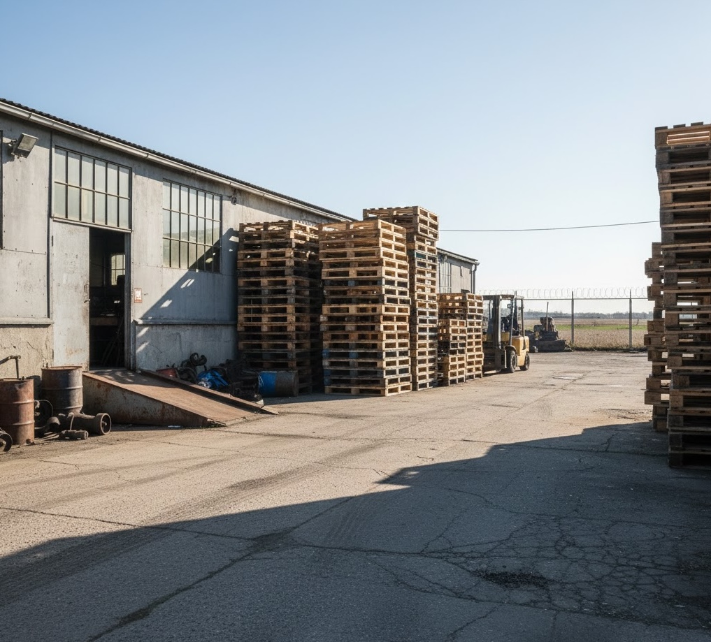 Pallet recycling yard at Austin Pallets facility